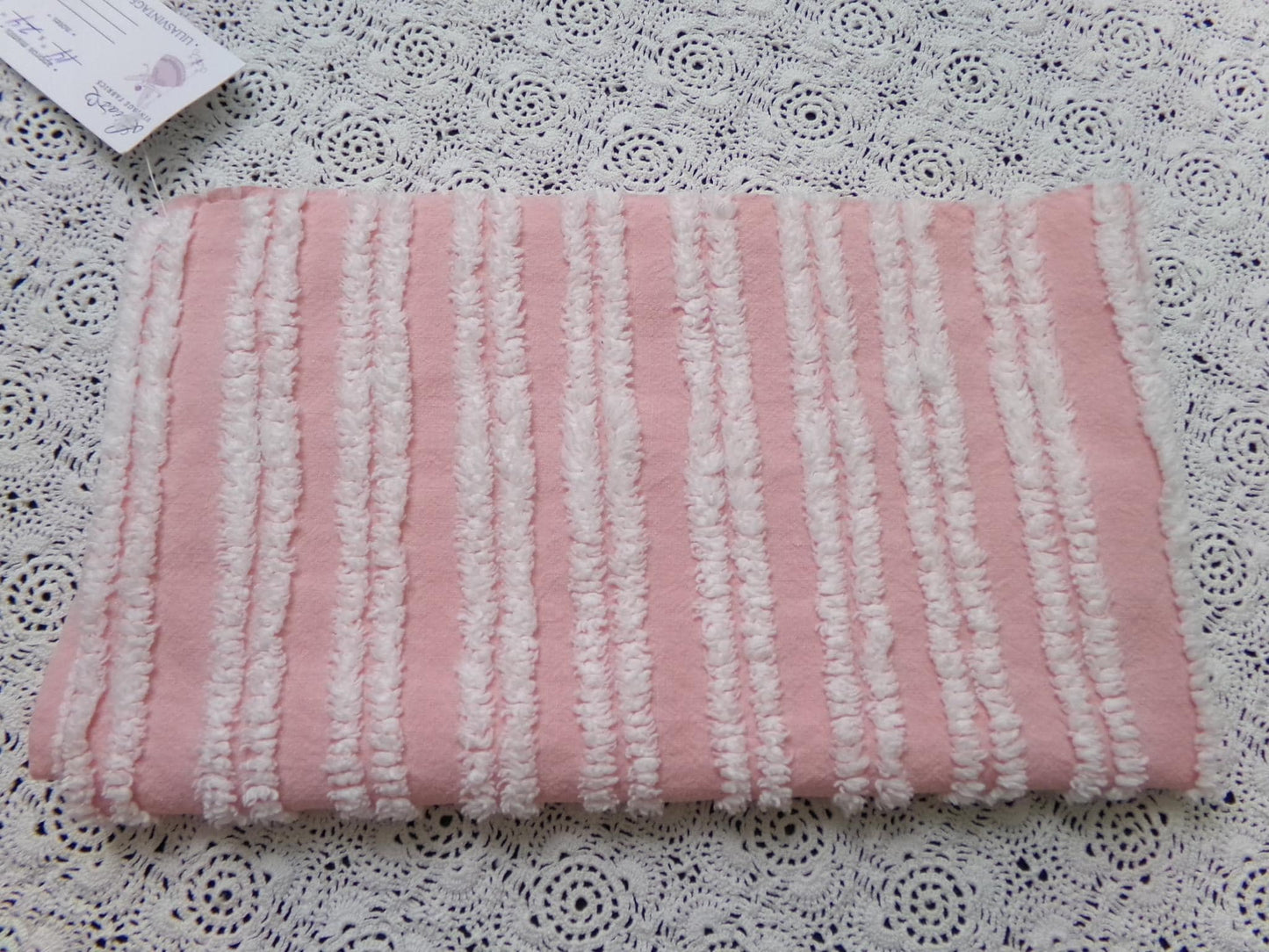 Pink White Double Stripe Vintage Chenille Bedspread Fabric Cottage Chic 14x24" Piece