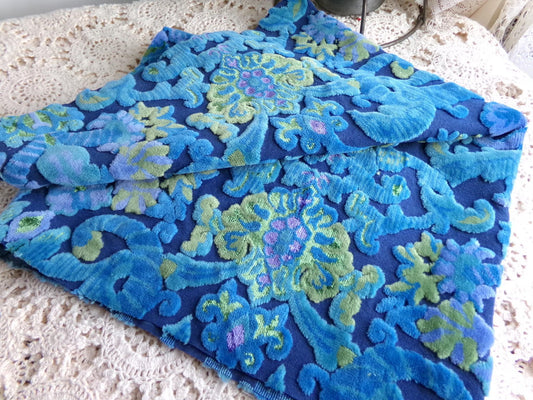 midnight blue vintage cut velvet fabric, cosmic Bates tapestry chenille, 17" x 24" inch piece, sewing material for boho bags