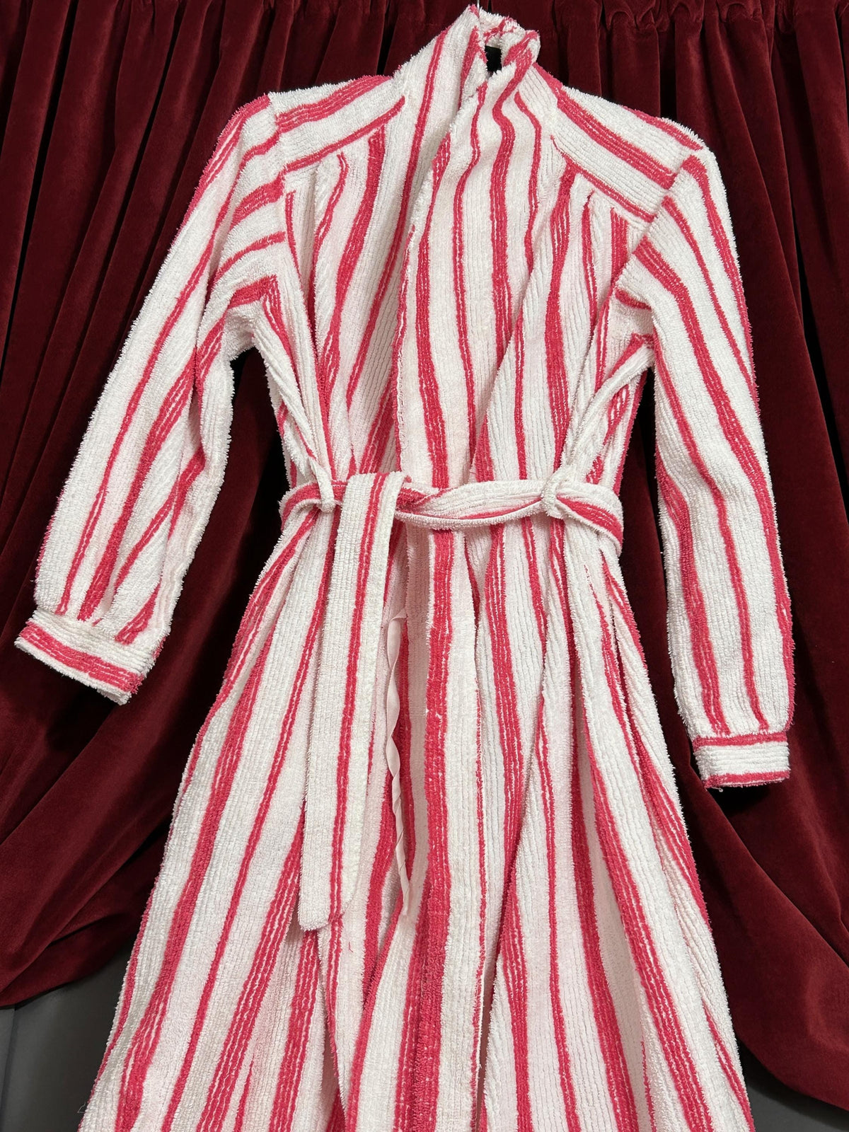 Vintage Chenille Robe Red & White Candy Stripe, Full Length Women’s Small Bathrobe
