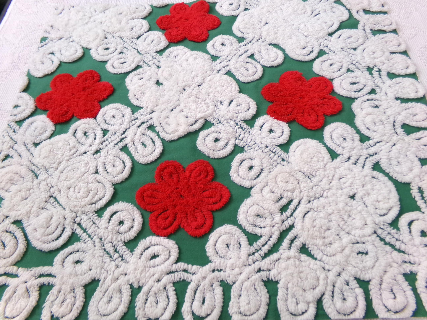Evergreen Rose Vintage Chenille Fabric, white swirl sewing craft quilt material, 20" x 24" piece