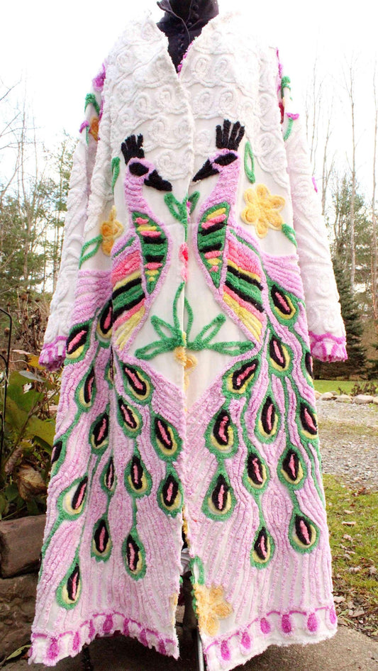lovable peacock chenille robe, colorful fun shabby upcycled women's bathrobe from midcentury vintage chenille bedspread fabrics, up to 2XL