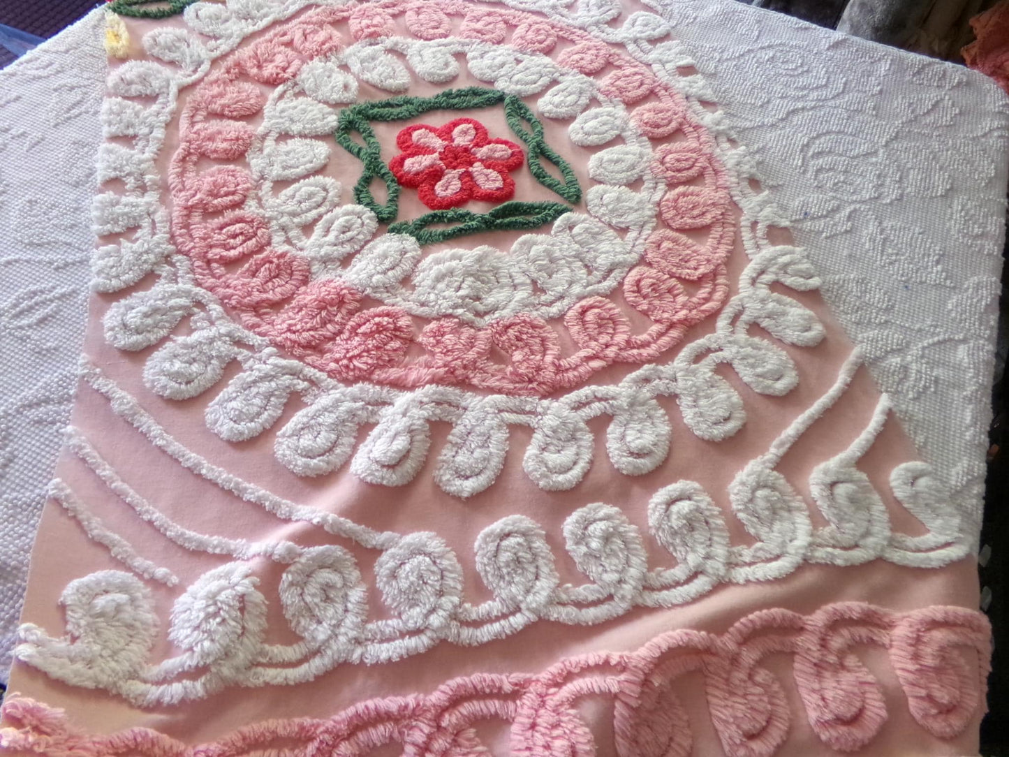 shabby pink vintage chenille fabric, cake frosting floral curlicues, 20" x 31"