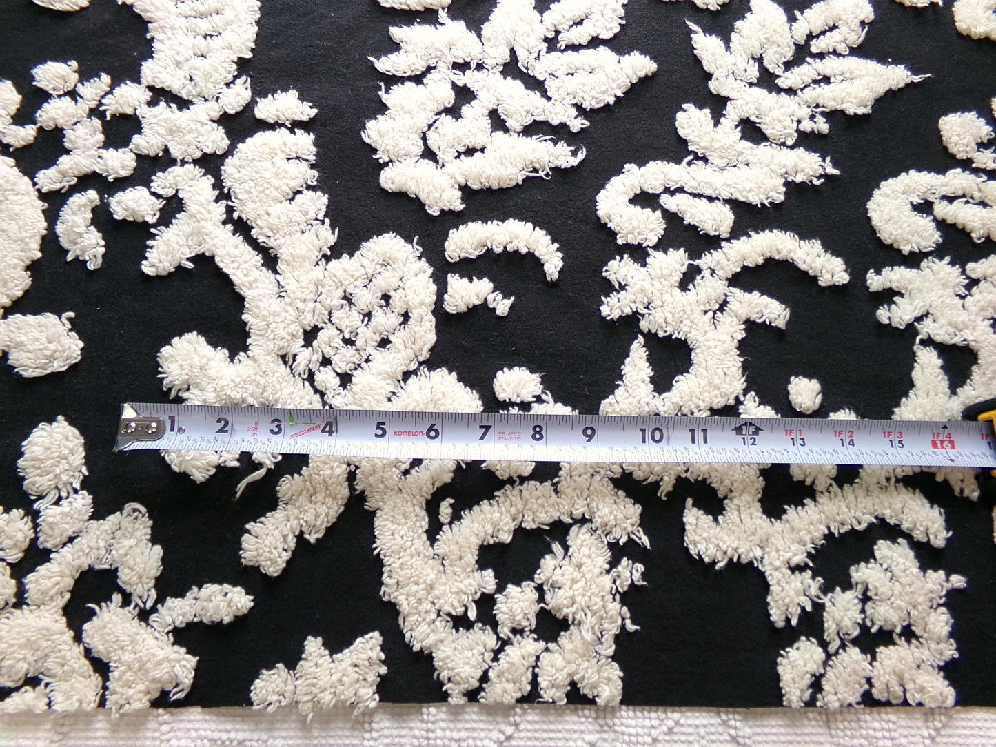sophisticated black vintage style chenille fabric, cream gothic design, 25" x 18" cut piece of sewing & quilt material