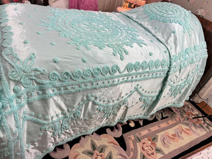 Seafoam Vintage Satin Bedspread Aqua Glamour Tufted Chenille Full Sz