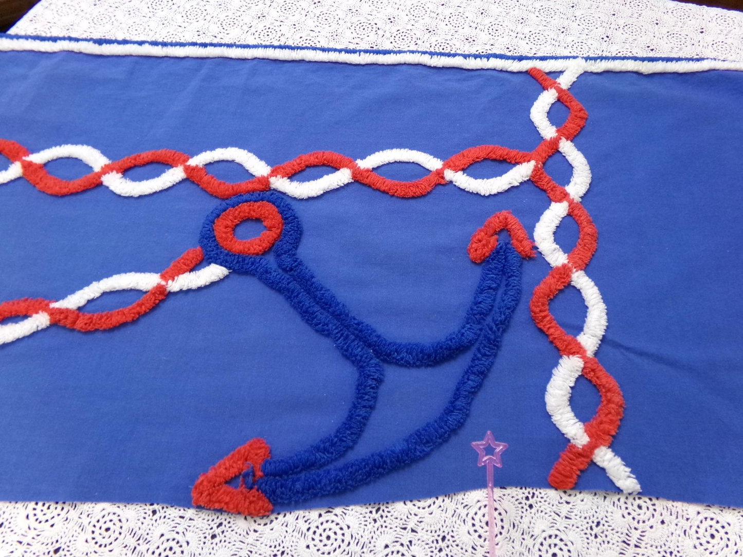 Coastal Anchor Vintage Chenille Fabric Piece 42 x 16" Red White Blue American Spirit