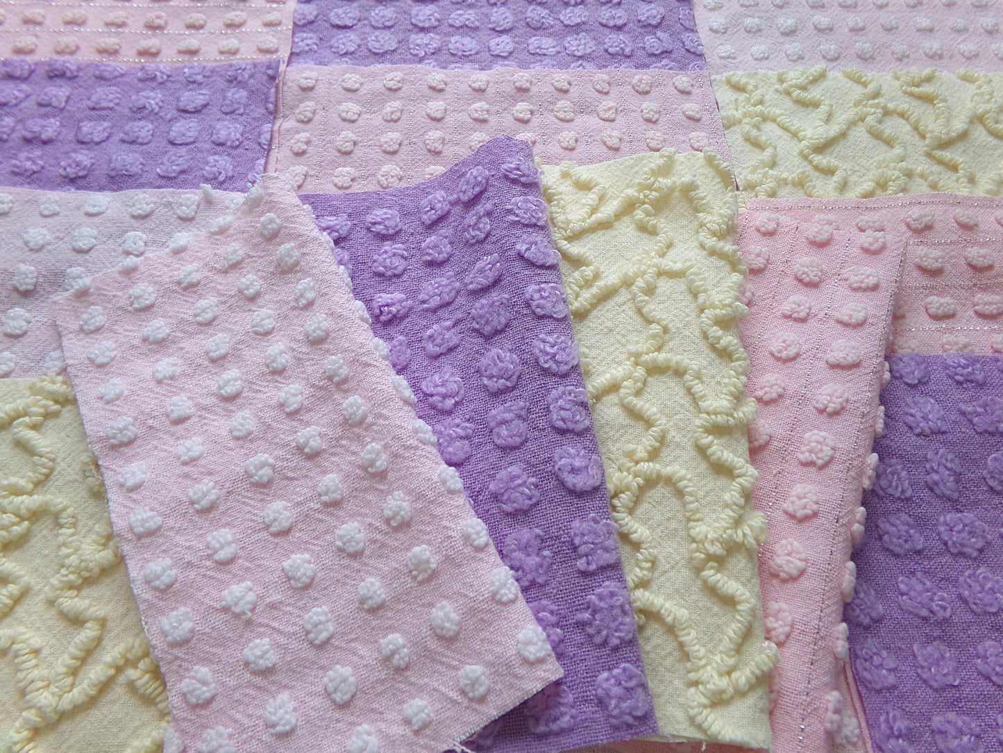 fairy magic 6" vintage chenille fabric squares, set of 16 pink, yellow & lavender quilt blocks for quilting, sewing, crafts