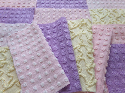 fairy magic 6" vintage chenille fabric squares, set of 16 pink, yellow & lavender quilt blocks for quilting, sewing, crafts