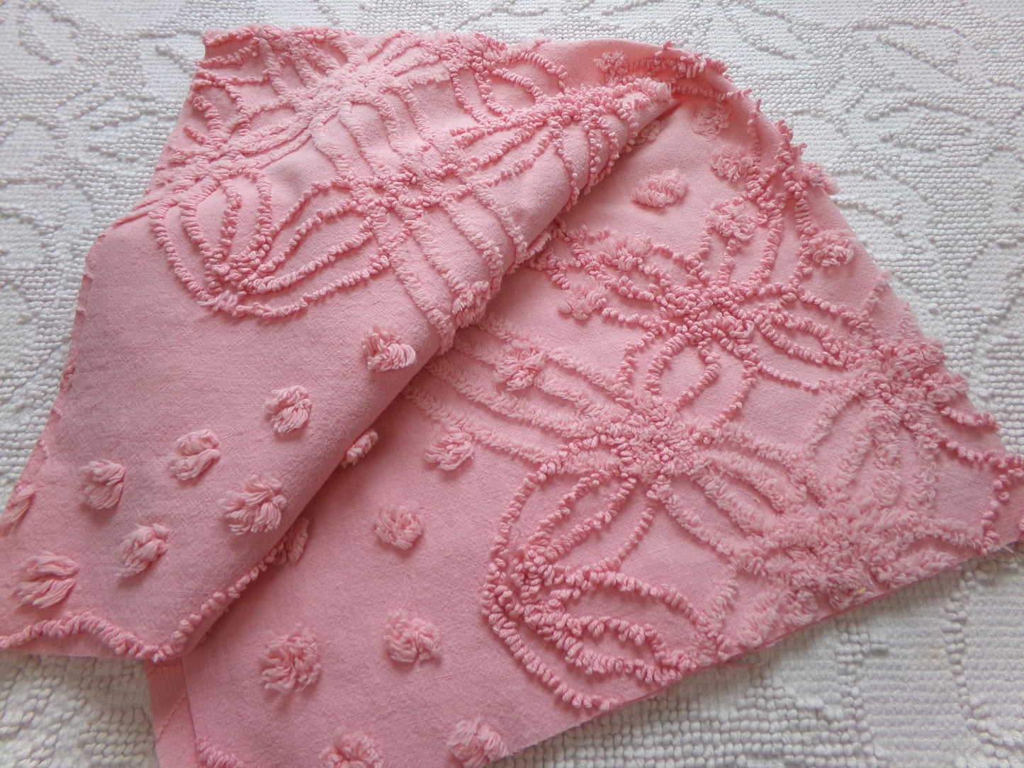 bubblegum pink vintage chenille bedspread fabric, geometric design, 18" x 24"