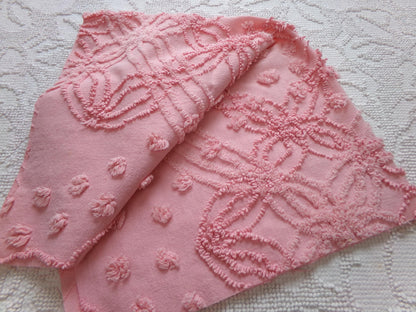 bubblegum pink vintage chenille bedspread fabric, geometric design, 18" x 24"