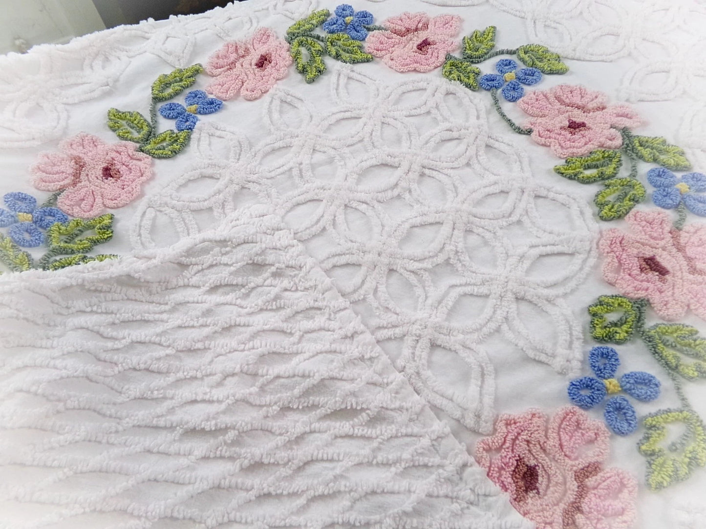 Vintage Floral Quilt Handmade from Shabby Chenille Bedspread Fabrics 52x45.5"