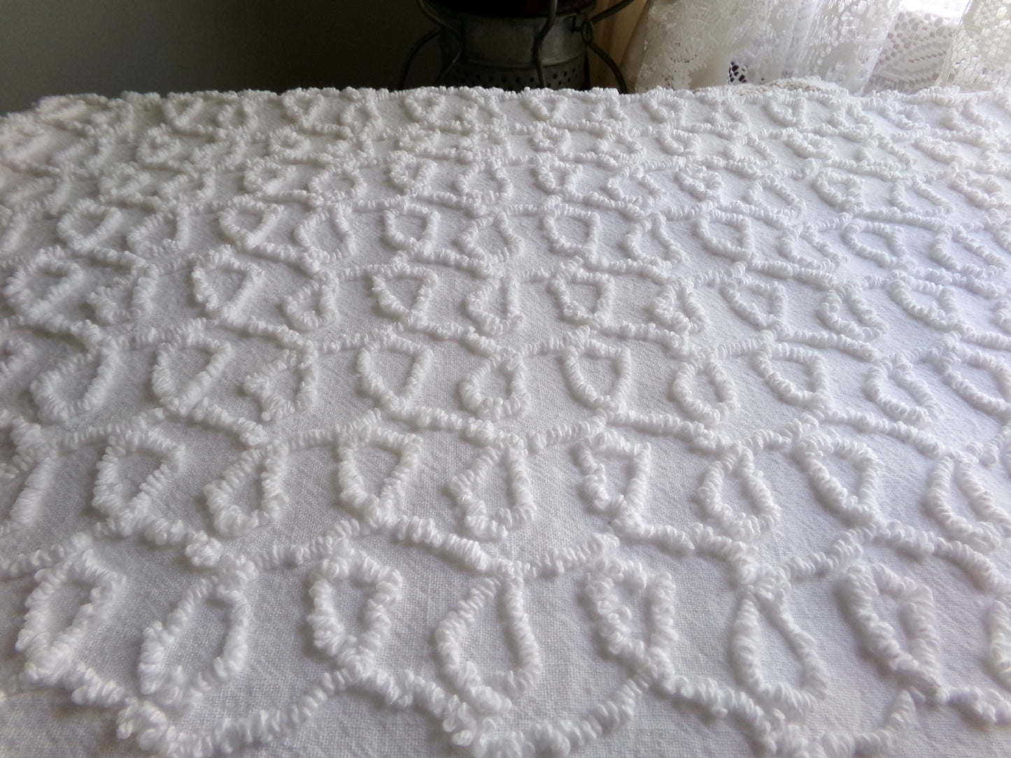 Curly Loops Vintage Chenille Fabric, Neutral White Texturized Cotton Sewing Material, 19" x 27" inch Piece for Handmade Quilts, DIY Pillows