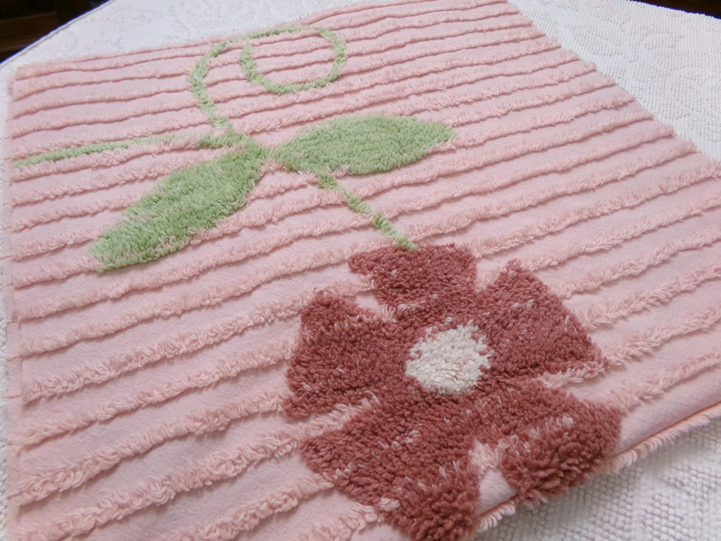 pink vintage chenille bedspread fabric, rambling floral vine sewing craft material 19" x 36"