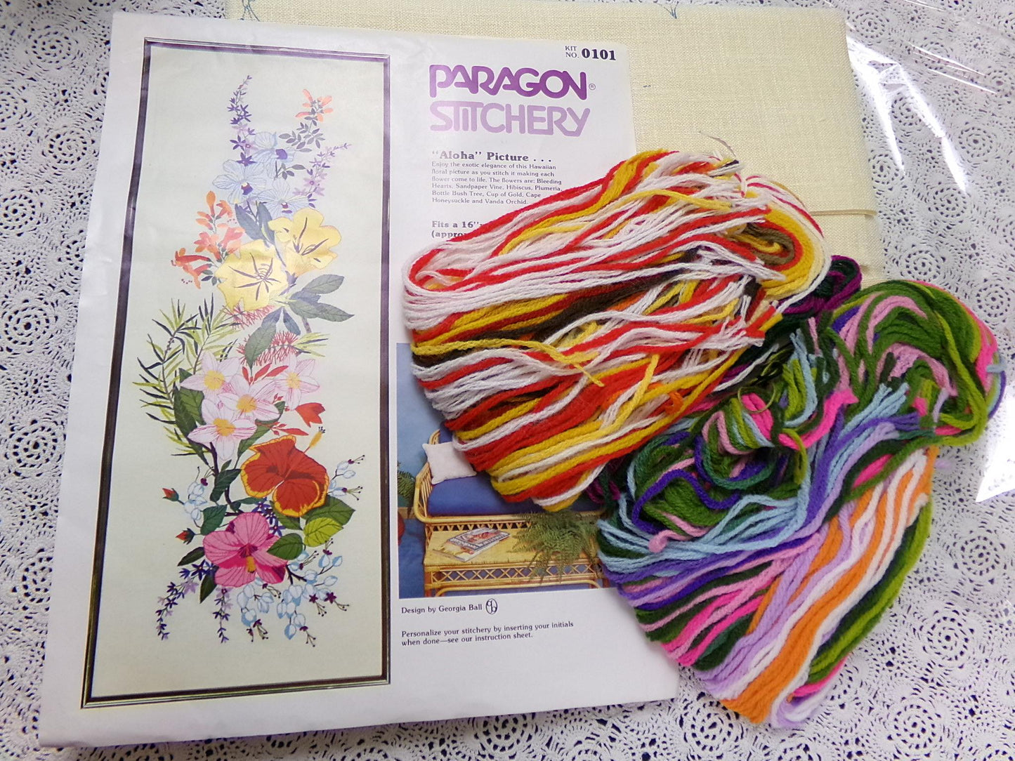 Hawaii ALOHA Crewel Embroidery Kit Vintage Paragon Stitchery 0101 Large Tropical Floral Wall Hanging