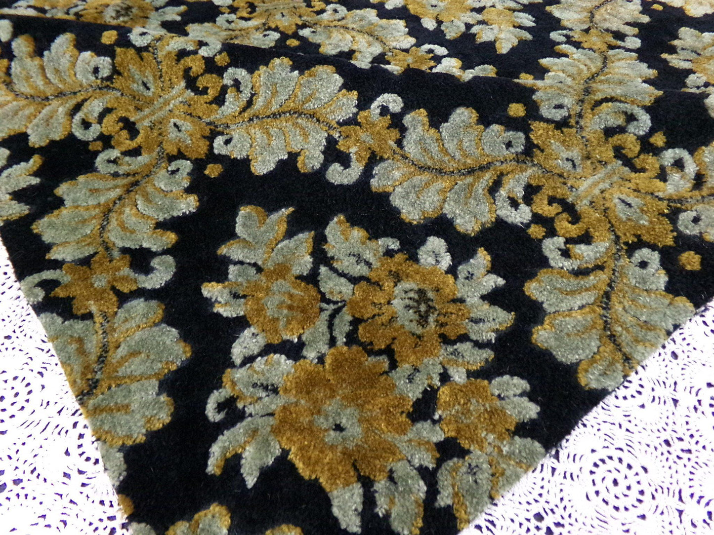 Vintage Damask Velvet Fabric Opulent Soot Black & Silver Grey Gold Upholstery Weight Small Pc 23x25"