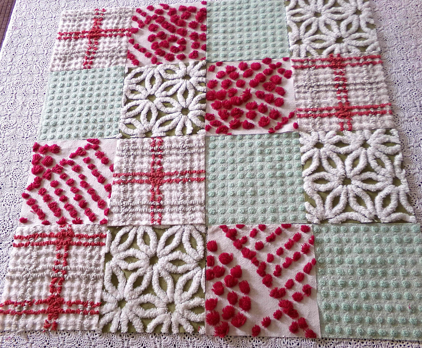 country Christmas chenille fabric squares, classic old-fashioned holiday red, green, white, set of 16 vintage quilt blocks 6" x 6" inch