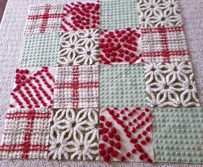 country Christmas chenille fabric squares, classic old-fashioned holiday red, green, white, set of 16 vintage quilt blocks 6" x 6" inch