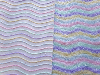Vintage Pastel Rainbow Chenille Fabric Piece, Ripple Wave Stripes, 12x28" Quilt Material