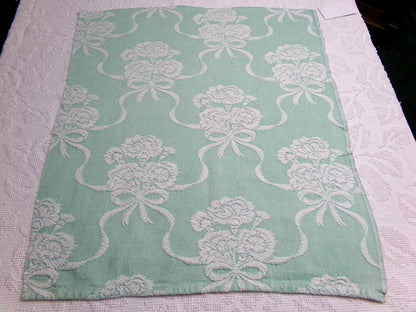 Shabby Woven Vintage Fabric Piece | Creamy White Carnation Flowers on Mint Green, 20" x 24"