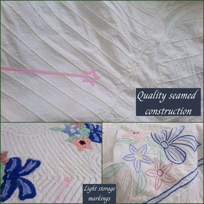 Charming Vintage Chenille Bedspread Plush Bow Flower Bouquets, Twin Size White Cotton Bedding