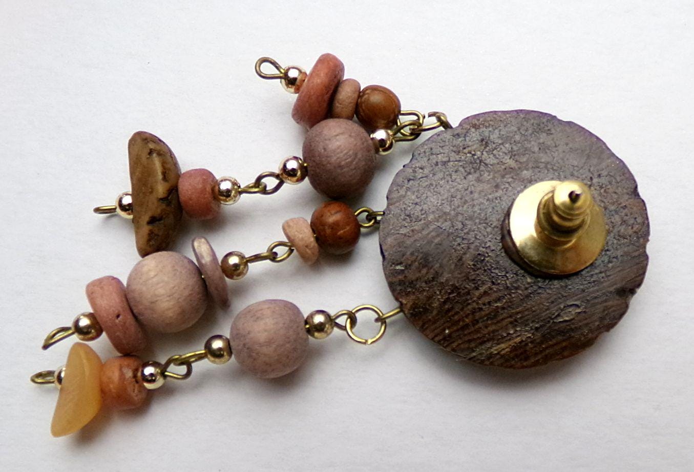 Boho Vintage Silver Forest Wood Dangle Earrings, Pierced Post Back