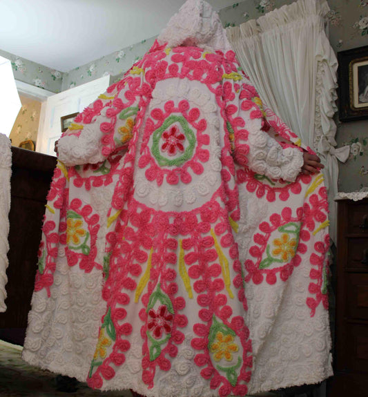 Pink Burst Chenille Robe with Sparkle Flowers, Medium / Large Hooded Vintage Style Women's Bathrobe