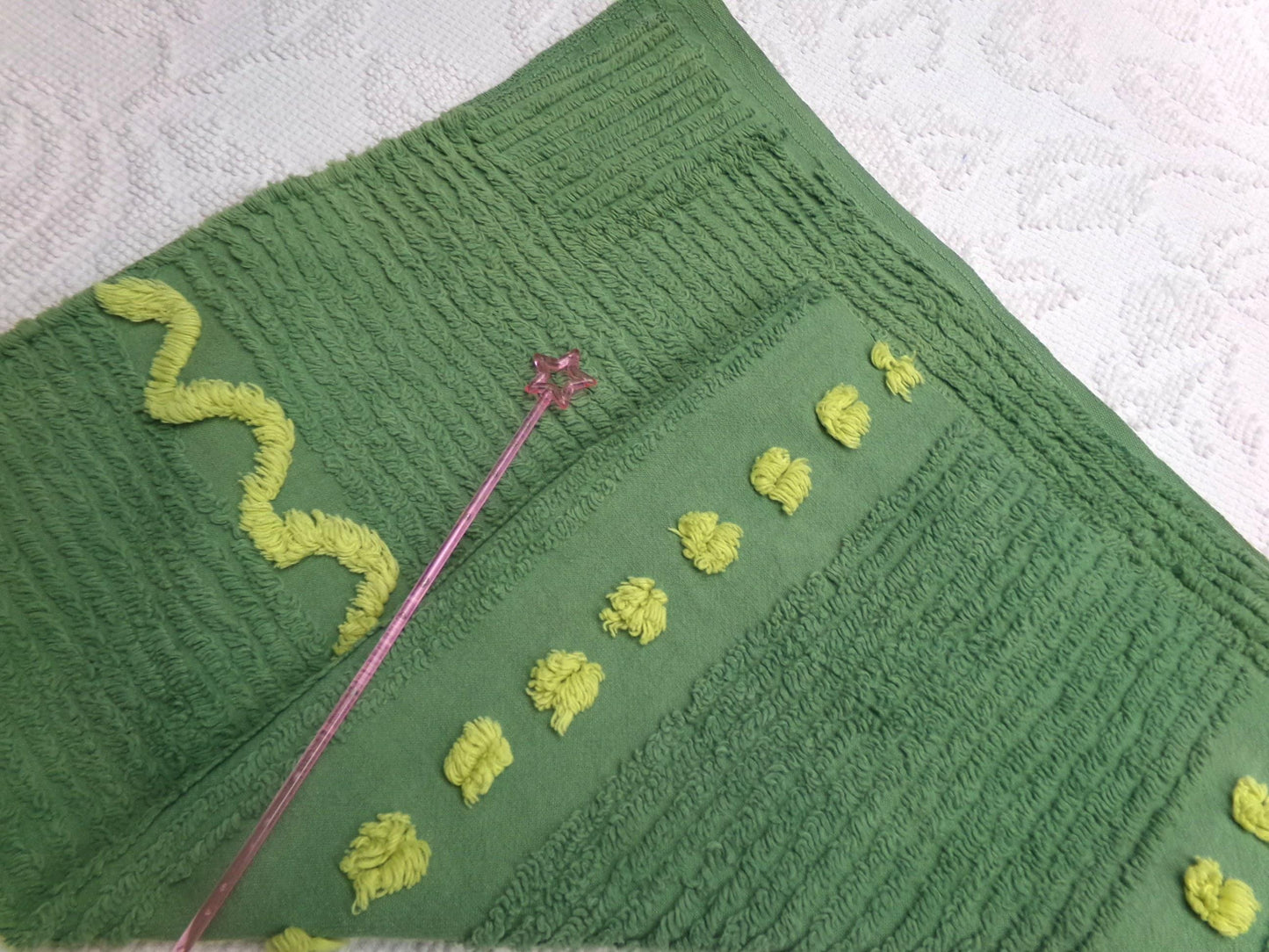 Goblin Green Vintage Chenille Bedspread Fabric Piece | Sewing Quilt Material 17" x 25"