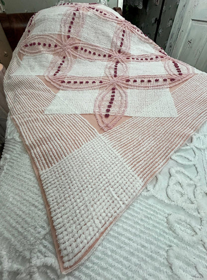 Pink Vintage Chenille Bedspread, Geometric Wedding Ring Dot Design, Full Size