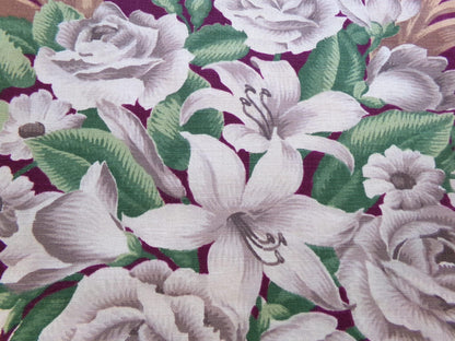 Shabby Vintage Barkcloth STYLE Cotton Fabric, Golden Beige Roses & Lilies on Rich Maroon Wine 21" x 30", Deconstructed Curtain Panel