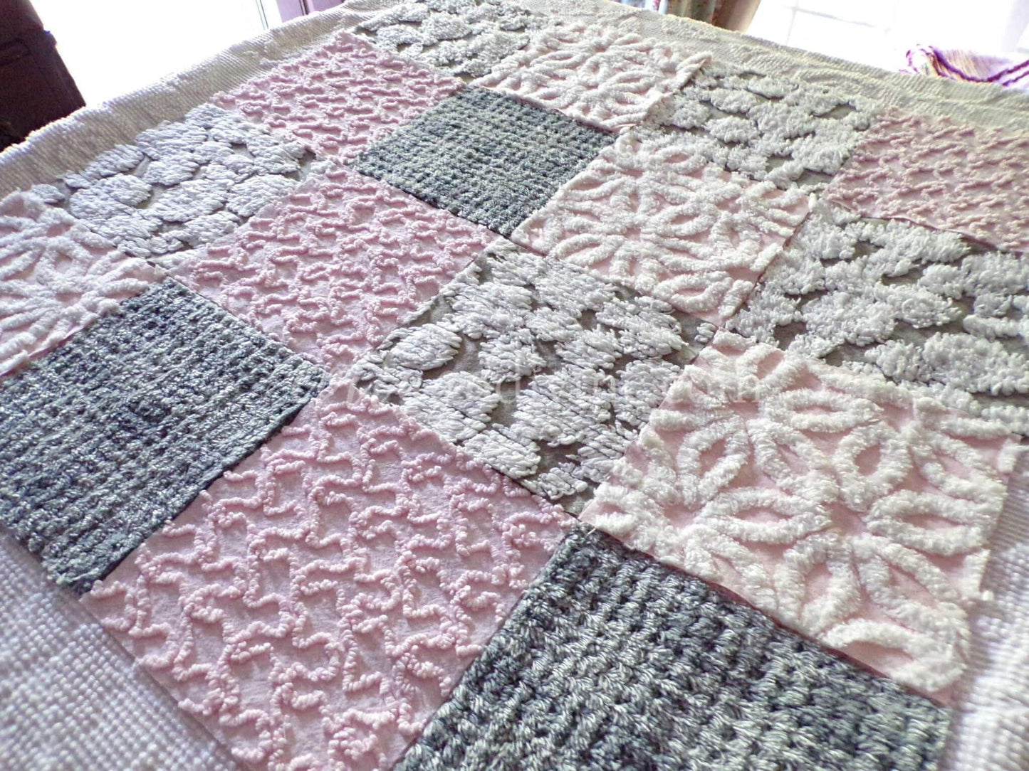 vintage 6" chenille fabric squares, set of 16 sophisticated grey & pink quilt blocks
