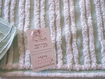 mint green & white striped chenille fabric, tufted stripes on vintage cotton, 16" x 27" inch cut piece, for sewing, craft projects