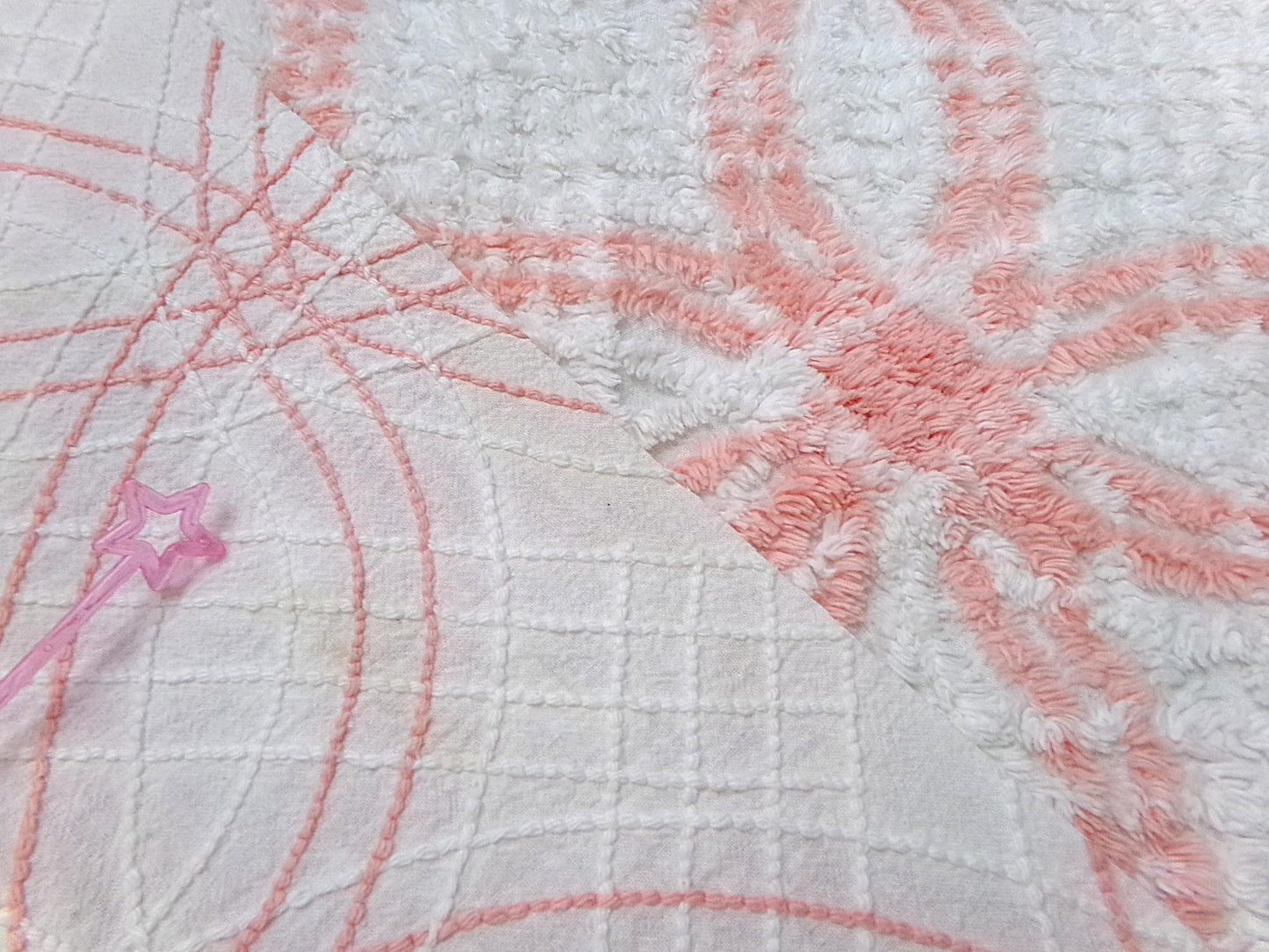 summer peach vintage chenille bedspread fabric white geometric quilt material 20x25"