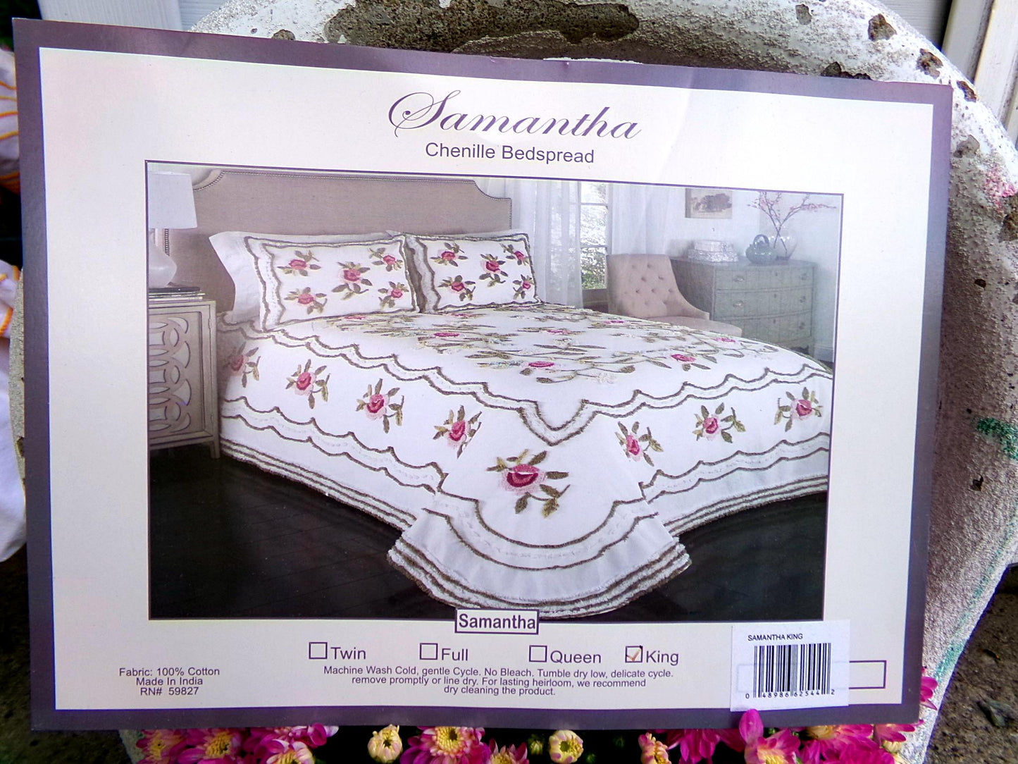 Vintage Style KING Chenille Bedspread, Samantha Rose Floral Design, 100% Cotton