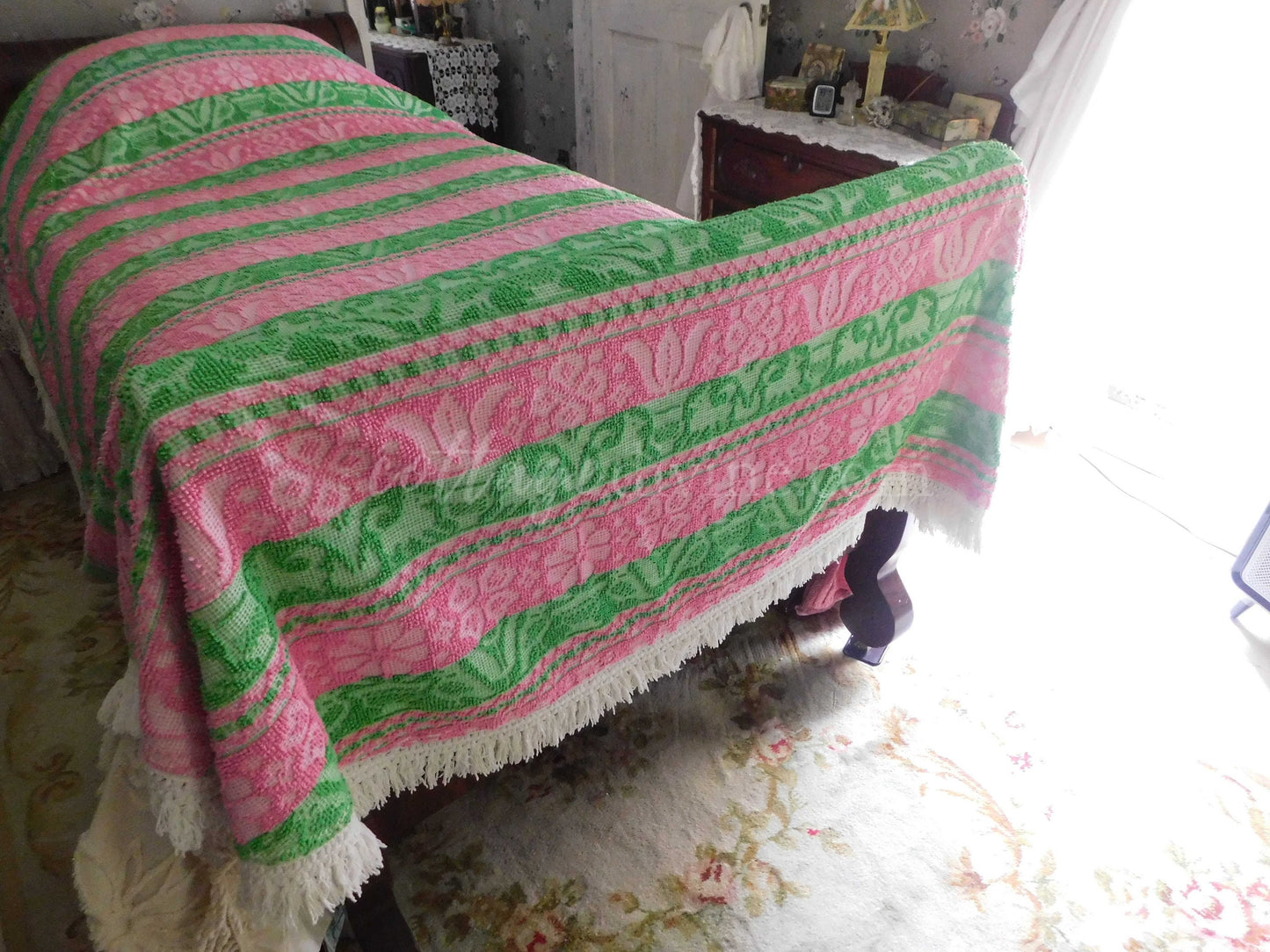 Boho Vintage Bedspread, Woven Chenille Folk Art Pink & Green Hobnail w/ Fringe, Twin Sz