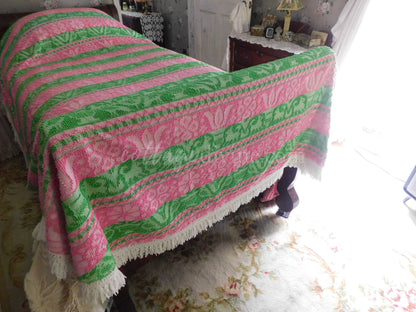 Boho Vintage Bedspread, Woven Chenille Folk Art Pink & Green Hobnail w/ Fringe, Twin Sz