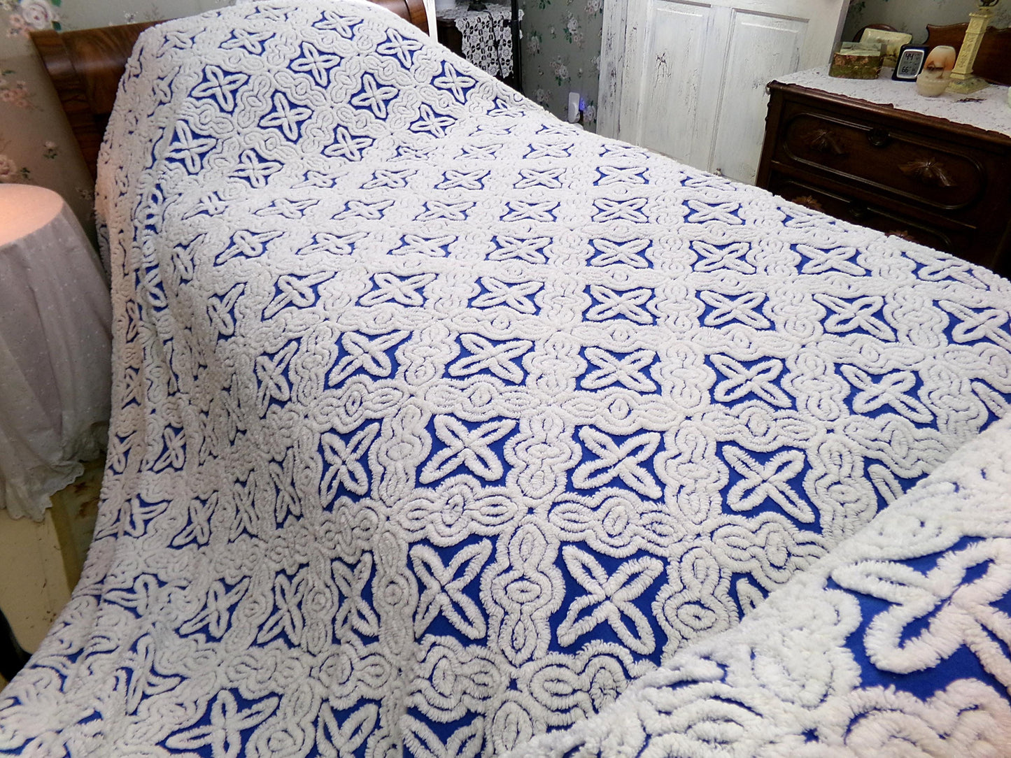 Mystic Gothic Cross Vintage Chenille Bedspread, Plush White Tufting on Cobalt Blue, 100% Cotton Luxury Full Size Bedding