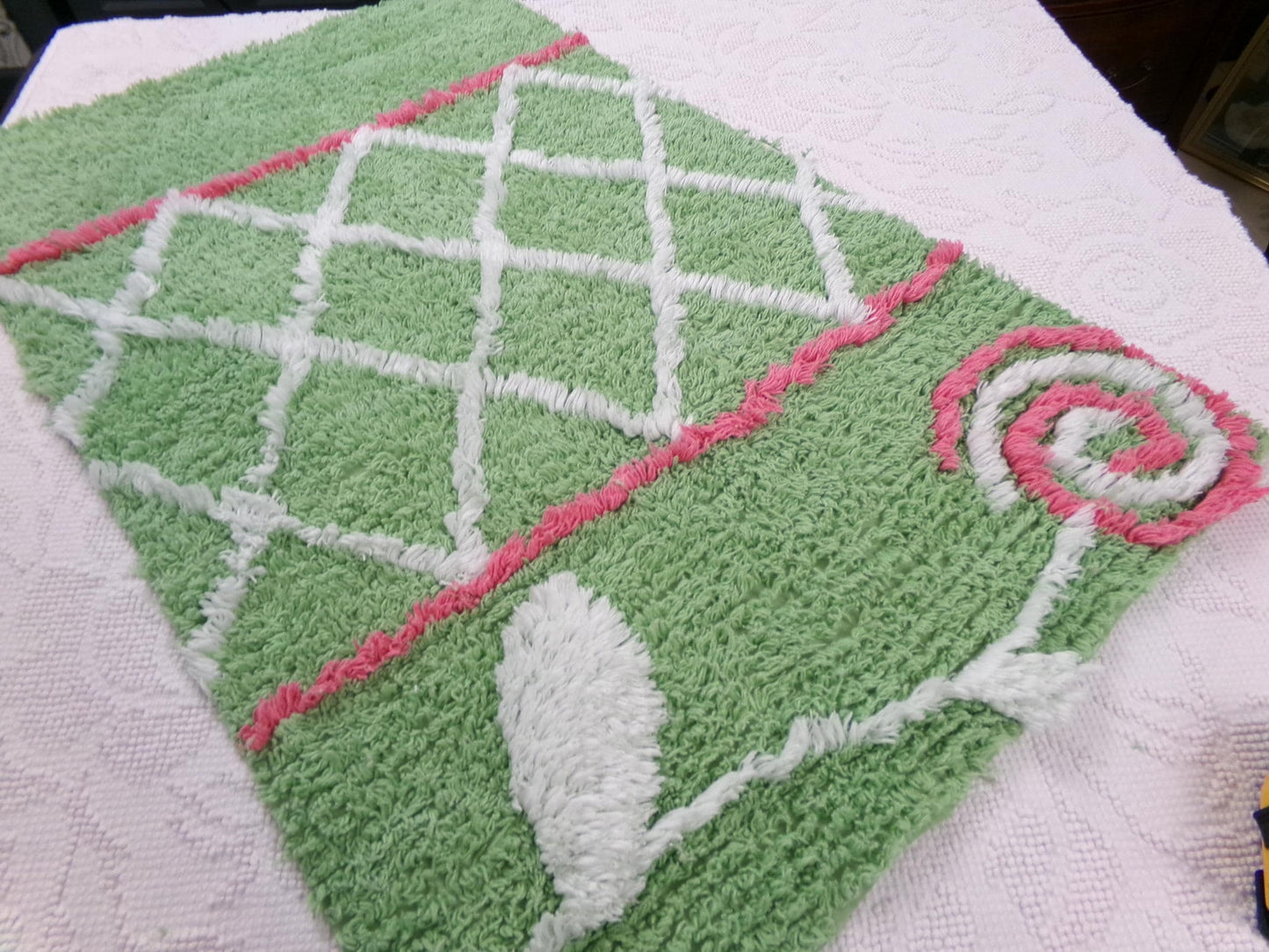 Pink Lollipop Vintage Style Chenille Fabric, terrytuft apple green sewing craft quilt material, 17" x 28" piece