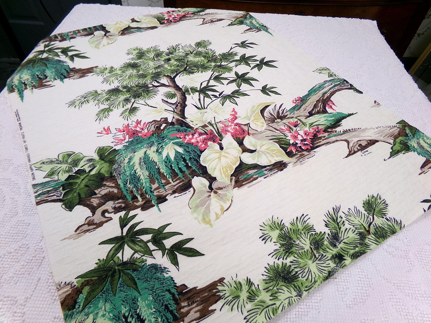 Polynesian Paradise Vintage Barkcloth Fabric Panel Shabby Tropical Garden Fantasy 23" x 28"