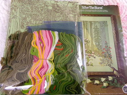 AFTER THE STORM Vintage Crewel Embroidery Kit Paragon Needlecraft #0611 ~ Hippie 70s Natural Woodland Wall Hanging, Georgia Ball Design