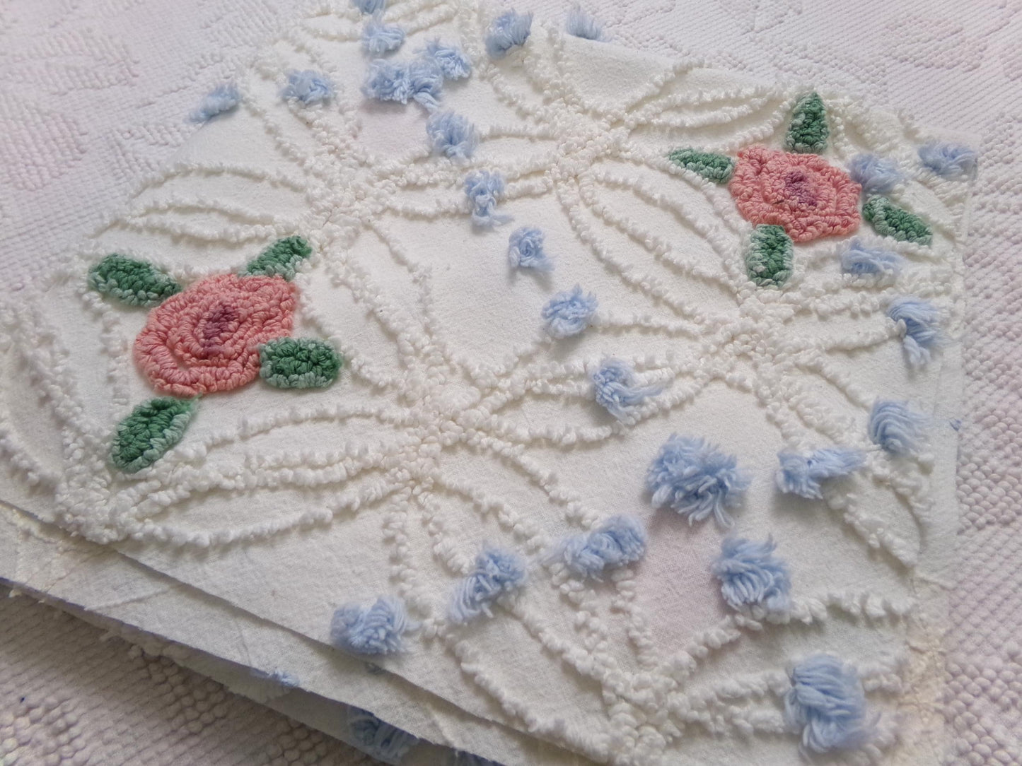 Pink Roses in Winter Vintage Chenille Bedspread Fabric, Romantic 22" x 20" Piece Sewing Material