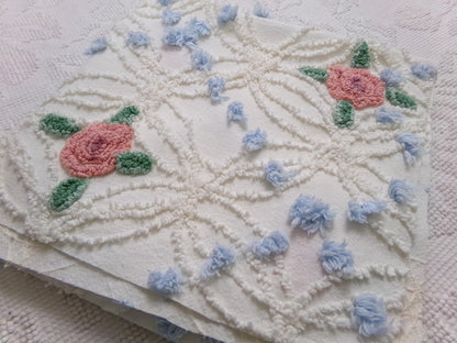 Pink Roses in Winter Vintage Chenille Bedspread Fabric, Romantic 22" x 20" Piece Sewing Material