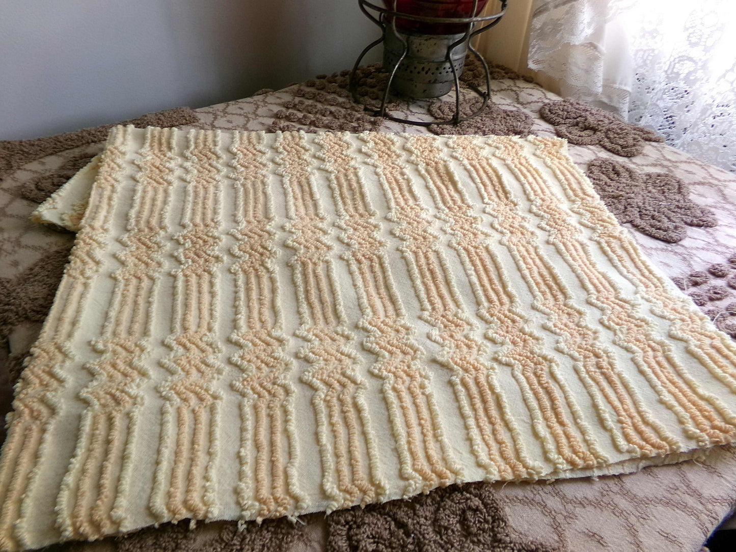 cosmic vintage chenille fabric in fantastic yellow lightning strike pattern, 16" x 27" cut fabric piece w/ needletuft zig zag zaps
