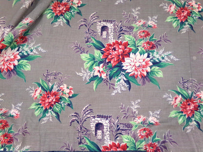 Vintage Barkcloth Drape Panel, SINGLE Wide Window Curtain, Hidden Garden Fabric, 59"L Pinch Pleat