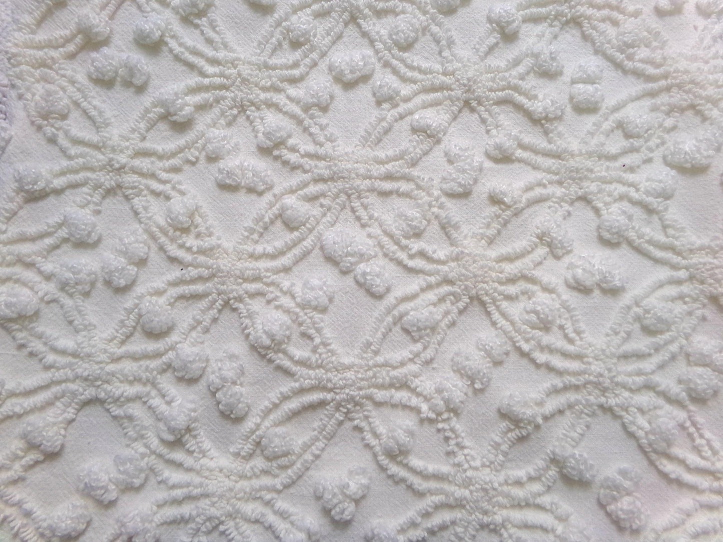 Winter White Snowflakes Vintage Chenille Fabric, neutral tufted pops sewing craft quilt material, 18" x 24" piece