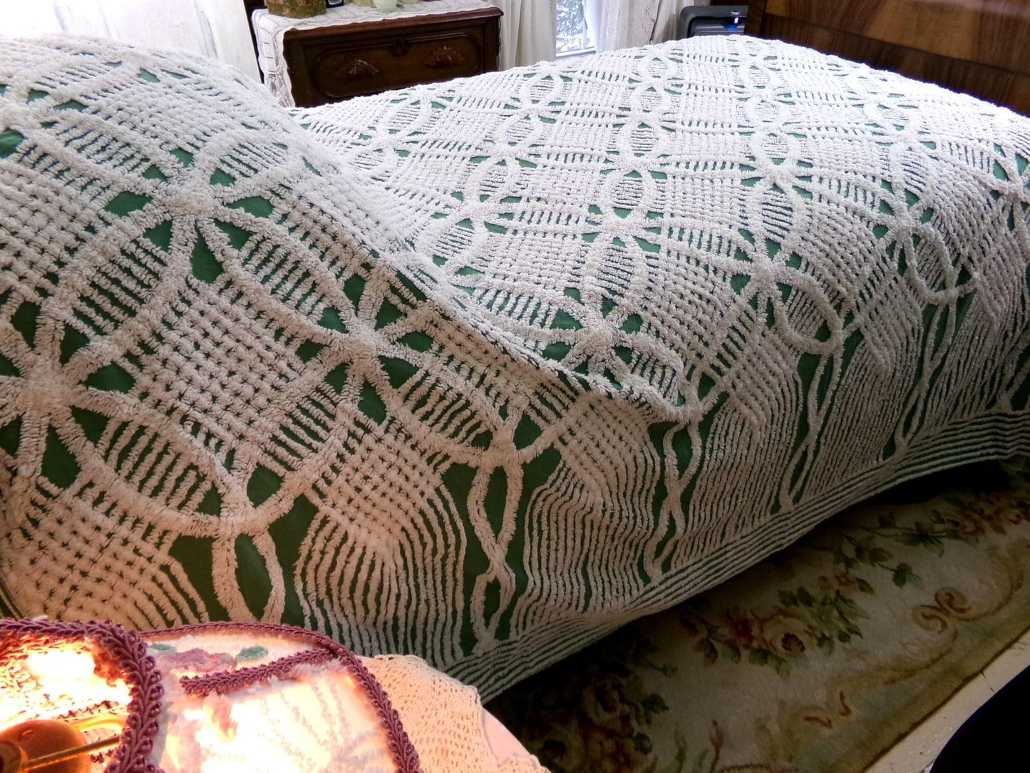 elegant evergreen vintage chenille bedspread, white geometric tufting, full size cotton bedding