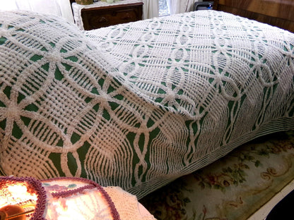 elegant evergreen vintage chenille bedspread, white geometric tufting, full size cotton bedding