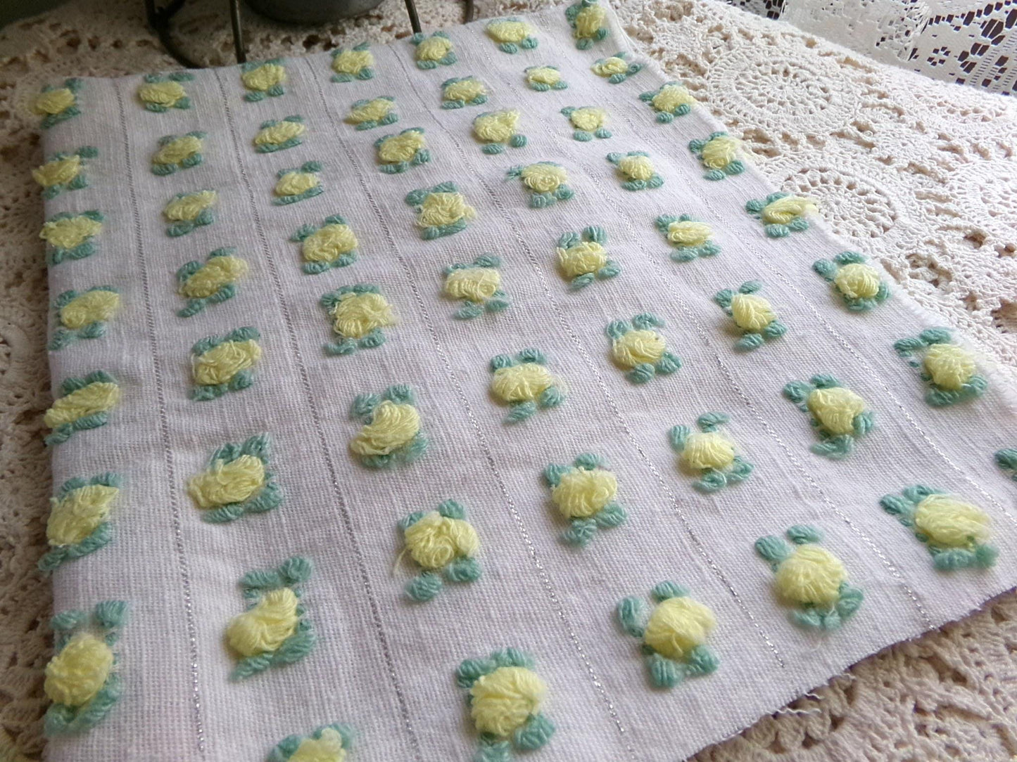 vibrant yellow rosebud vintage chenille fabric, Bates rose design silver lurex 18" x 21" piece