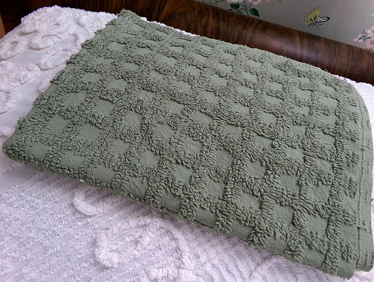 Simple Sage Squares Vintage Style Chenille Fabric, Grid Design, 18x24" Piece