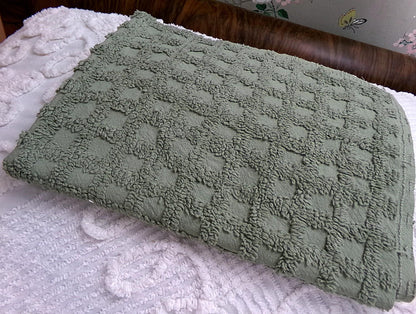 Simple Sage Squares Vintage Style Chenille Fabric, Grid Design, 18x24" Piece