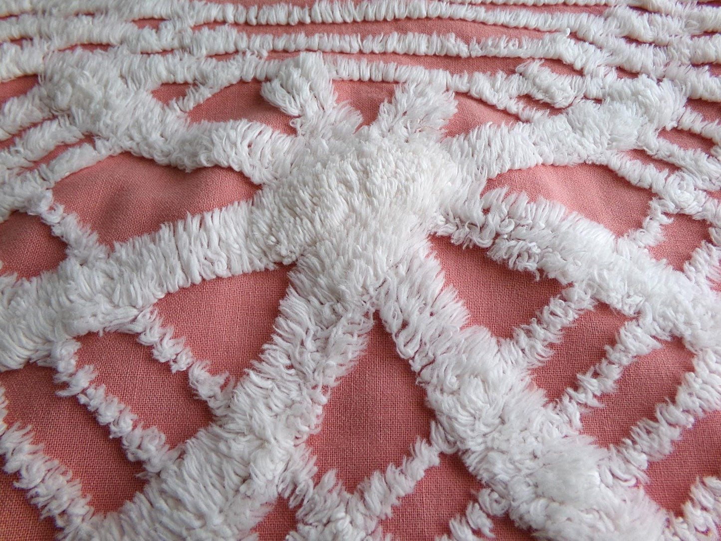 Warm Terracotta Rose Vintage Chenille Fabric, 29" x 27" Inch Piece, White Geometric Designs