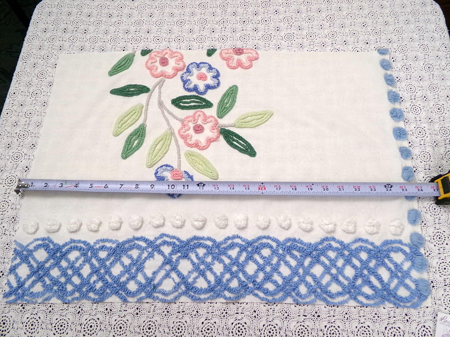 shabby chic vintage chenille bedspread fabric 17.5x24" blue white floral